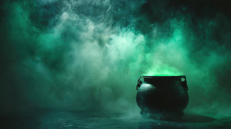 This captivating image features a dark cauldron emitting vibrant green smoke in an enchanting, mystical atmosphere, perfect for themes of magic and witchcraft.の素材