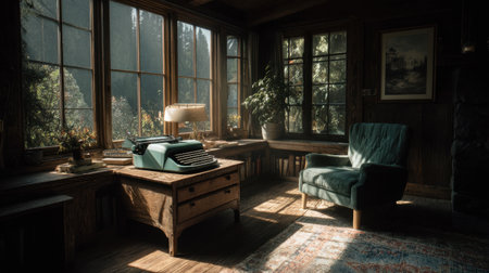 A beautifully designed writing space featuring a vintage typewriter on a wooden desk, a green armchair, and abundant natural light flooding through large windows.の素材