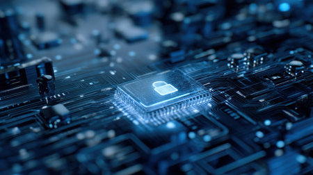This image portrays a digital lock symbol embedded in a circuit board, representing the vital concepts of cybersecurity and data protection in a modern technological landscape.の素材