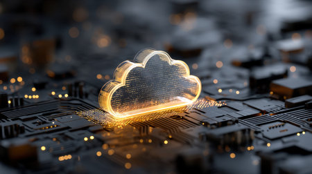 A captivating visualization of cloud technology featuring a glowing transparent cloud icon set against a detailed circuit board background, symbolizing digital connectivity.の素材