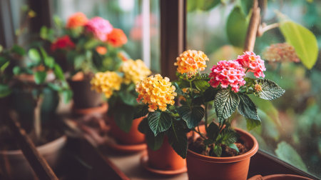 A beautiful arrangement of vibrant lantana flowers in various colors placed on a sunlit windowsill, creating a cheerful and inviting atmosphere indoors.の素材