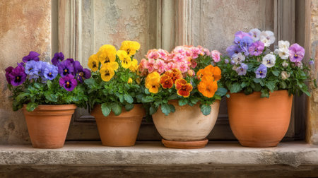 A stunning display of colorful pansies in terracotta pots, arranged beautifully on a rustic window sill, showcasing nature's beauty in soft natural light.の素材