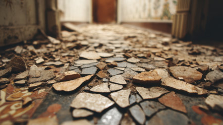A low-angle view of a hallway featuring cracked and broken floor tiles scattered with dirt, highlighting the beauty of neglect in an abandoned space.の素材