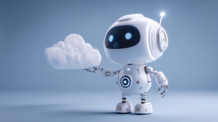 A charming futuristic robot stands holding a soft cloud, showcasing creativity and innovation in a minimalist setting, perfect for imaginative projects and themes.の素材