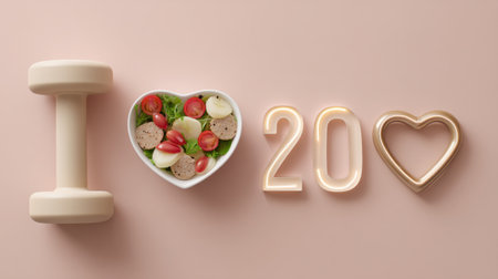 A creative representation of a healthy lifestyle featuring a dumbbell, salad in a heart-shaped bowl, and the number 20, all set against a soft pink background.の素材
