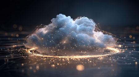 A mesmerizing ethereal cloud surrounded by glowing lights, creating a captivating ambiance. Ideal for technology concepts, creative projects, and visual storytelling.の素材