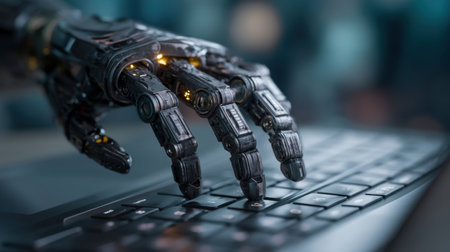 A hyper-realistic depiction of a robotic hand gracefully typing on a sleek computer keyboard, illustrating the fusion of technology and human interaction in digital spaces.の素材