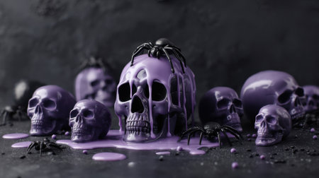 A captivating arrangement of glossy purple skulls surrounded by black spiders, creating a haunting atmosphere. Ideal for Halloween displays or artistic projects.の素材