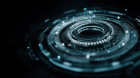 Explore a futuristic digital interface featuring intricate circular patterns and glowing elements, set against a dark background, perfect for technology and design themes.の素材