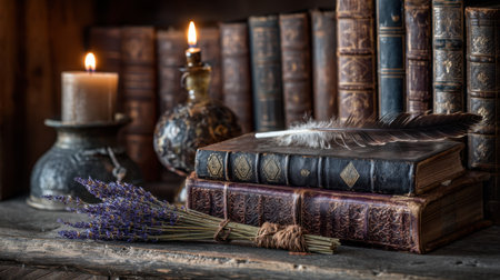 This captivating still life showcases vintage books and a quill, surrounded by dried lavender and warm candlelight, creating a serene and inviting atmosphere.の素材