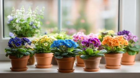 Bright and colorful potted flowers line a sunny windowsill, creating a vibrant and inviting atmosphere. Ideal for home decor or gardening inspiration.の素材
