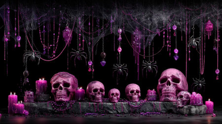 A striking tableau featuring pink skulls and candles set against a dark background, perfect for Halloween decor or gothic themed events with a mysterious atmosphere.の素材