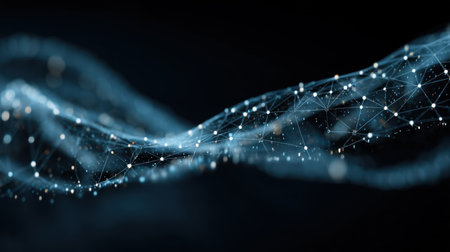 An abstract image featuring glowing particles and fluid waves in a dark space, illustrating concepts of technology and innovation with vibrant details.の素材