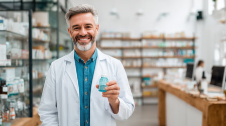 A friendly pharmacist in a white coat stands proudly in a well-organized pharmacy, showcasing a blue bottle while delivering exceptional service to customers.の素材
