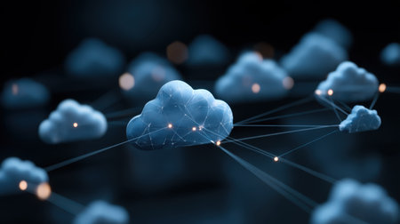 This image illustrates the concept of cloud computing with abstract floating clouds connected by luminous lines, representing data transfer and network connections in a digital landscape.の素材