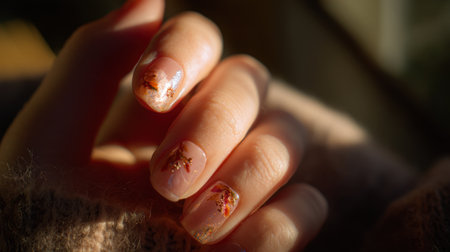 A close-up image capturing a woman's hand adorned with intricate nail art featuring golden leaf designs, beautifully illuminated by soft sunlight, evoking elegance.の素材