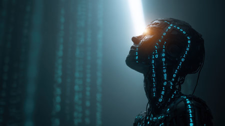 This image showcases a futuristic humanoid robot adorned with glowing binary code, illuminated by a beam of light, symbolizing the intersection of technology and artificial intelligence.の素材