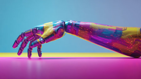 A vibrant and colorful robotic hand showcases intricate circuit patterns, symbolizing the intersection of technology and creativity in a modern design aesthetic.の素材