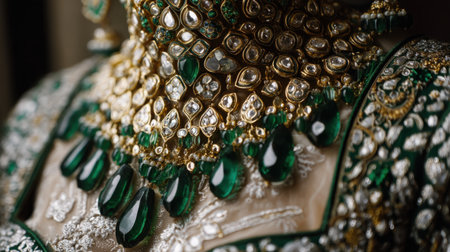 This image showcases an exquisite close-up of traditional jewelry featuring intricate emerald green and golden embellishments, representing elegance, culture, and detailed craftsmanship.の素材