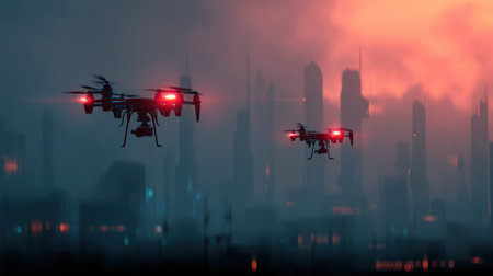A stunning image of drones flying against a dramatic dusk city skyline, featuring red lights in a futuristic urban environment. Ideal for technology concepts.の素材