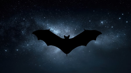 A stunning silhouette of a bat in flight against a backdrop of a starry sky. The image captures the beauty of nocturnal wildlife and the mystery of the cosmos.の素材