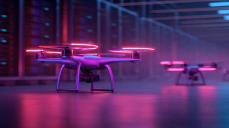This captivating image features high-tech drones illuminated with neon lights, flying in a modern data center filled with server racks, creating a vibrant atmosphere.の素材
