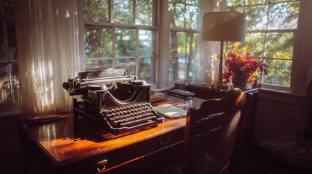 A vintage typewriter rests on a polished wooden desk, bathed in warm sunlight, creating a nostalgic atmosphere in a cozy room adorned with flowers and inviting light.の素材