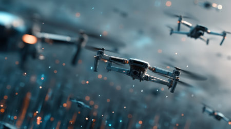 A breathtaking scene featuring flying drones amidst a dynamic urban landscape, showcasing futuristic technology with atmospheric lighting and advanced design elements.の素材