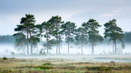 A tranquil scene of tall pine trees emerging from a gentle mist, creating a serene atmosphere. The early morning light casts a soft glow, enhancing nature's calm beauty.の素材