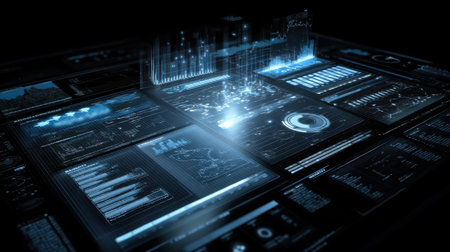 An advanced data visualization interface showcases interactive charts and graphs in a dark theme, perfect for illustrating big data analysis and metrics monitoring.の素材