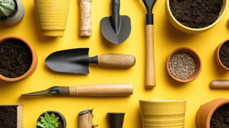 A vibrant collection of gardening tools and supplies neatly arranged on a bright yellow background, ideal for gardening enthusiasts and plant lovers alike.の素材