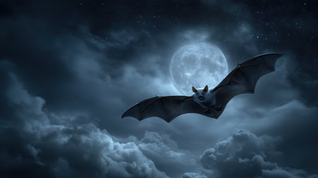 A stunning bat gracefully soars through the moonlit night sky, surrounded by dark clouds, evoking a sense of mystery and adventure in the natural world.の素材