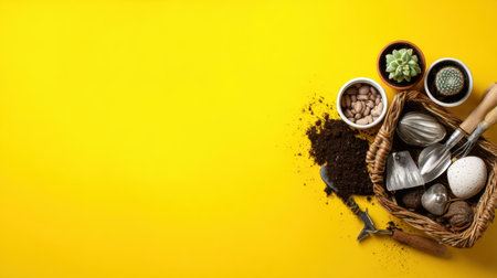 This vibrant image showcases a basket filled with gardening tools, pots, soil, and seeds, perfect for spring and summer planting adventures. Ideal for garden enthusiasts.の素材