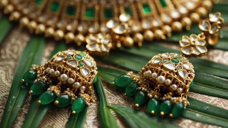 A stunning arrangement of gold earrings and intricate jewelry with emerald and pearl accents, beautifully placed on fresh green leaves, highlighting luxury and craftsmanship.の素材