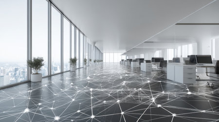 A spacious modern office showcasing network connections on the floor, large windows allowing ample daylight, and a sleek design fostering creativity and innovation.の素材