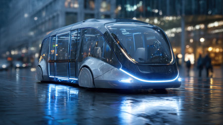 A sleek, futuristic autonomous vehicle illuminated by neon lights glides through a modern urban street at night, showcasing innovative transportation technology and city design.の素材