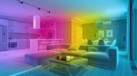 An artistic and vibrant depiction of a modern living room, featuring a blend of geometric outlines and bold color gradients, representing innovative interior design ideas.の素材