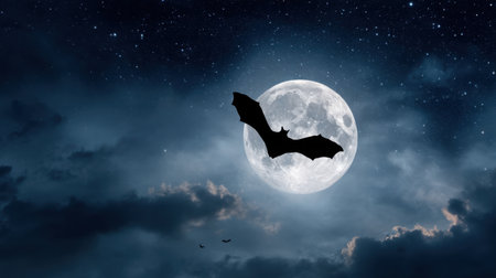 A bat gracefully flies across a luminous full moon, creating a captivating silhouette. The starry night sky and clouds add to the enchanting atmosphere of the scene.の素材