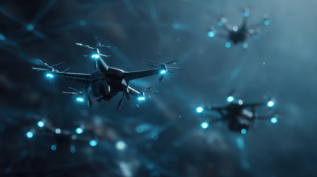 A group of futuristic drones equipped with bright blue lights navigates through a dark, atmospheric environment, showcasing advanced technology and network connections.の素材