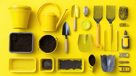 A vibrant flat lay image of yellow gardening tools and supplies on a bright yellow background, showcasing pots, shovels, and soil, perfect for gardening enthusiasts.の素材