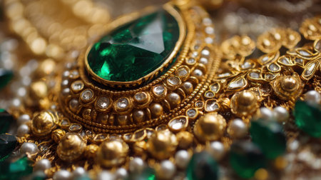 This close-up image showcases an exquisite jewelry piece adorned with emerald gemstones and pearls, highlighting intricate gold craftsmanship and elegant design.の素材