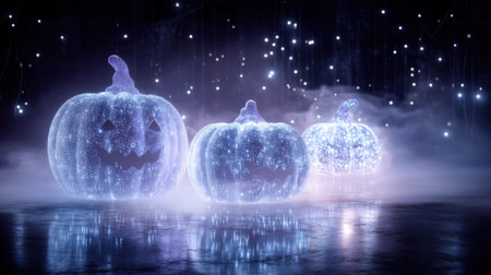 Discover three enchanting glowing pumpkins surrounded by a mystical mist and sparkling stars, creating a magical atmosphere perfect for Halloween celebrations.の素材