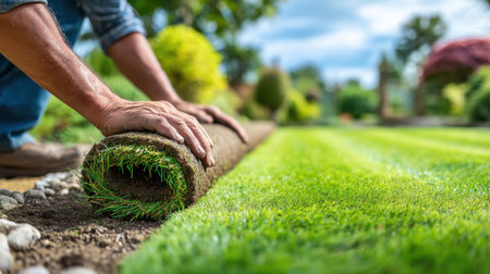 A close-up view of hands gently rolling fresh grass sod onto the earth, showcasing vibrant greenery in a serene garden environment under beautiful sunlight.の素材
