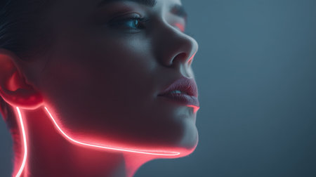Captivating close-up portrait of a woman showcasing glowing neon light on her face, creating a mesmerizing ambiance that highlights modern beauty and artistic expression.の素材