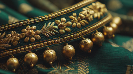 This image showcases exquisite golden embroidery adorned with bell detailing on a rich green fabric, perfect for traditional garments and cultural textile designs.の素材