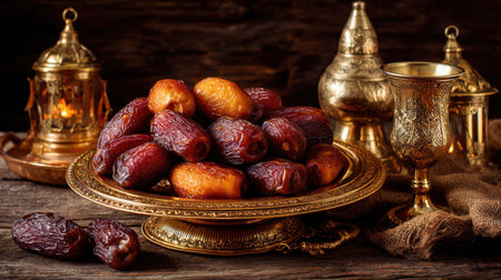 A sumptuous display of fresh dates elegantly arranged on a shimmering golden plate, complemented by rich textures and warm candlelight, ideal for cultural festivities.の素材