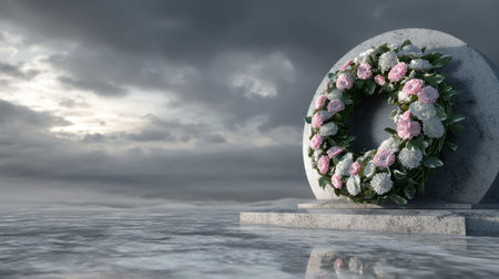 A beautiful floral wreath sits atop a stone monument, surrounded by tranquil waters and a dramatic cloudy sky, perfect for themes of remembrance and reflection.の素材