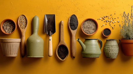 This vivid image features a collection of gardening tools and spices on a sunny yellow background, perfect for showcasing the joy of planting and cultivating natural life.の素材