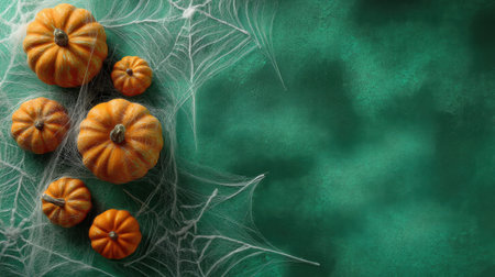 A charming arrangement of vibrant orange pumpkins set against a soft green background, adorned with delicate cobwebs, perfect for Halloween and autumn-themed decorations.の素材