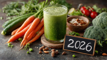A vibrant green vegetable smoothie sits on a rustic table surrounded by fresh ingredients such as carrots, cucumber, and broccoli, symbolizing health and wellness for 2026.の素材